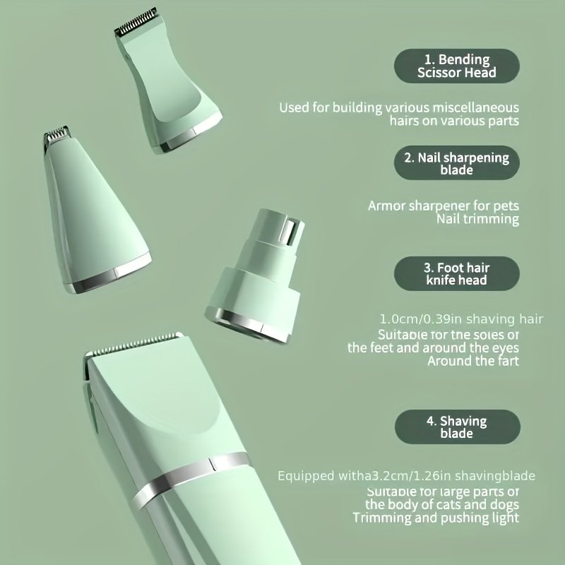 4-in-1 Electric Pet Trimmer with Nail Polish - Low Noise USB Rechargeable, 4-in-1 Trimmer for Dogs, Cats, Small Animals - Includes Shaving Blade, Foot Hair Small Blade - Image 3