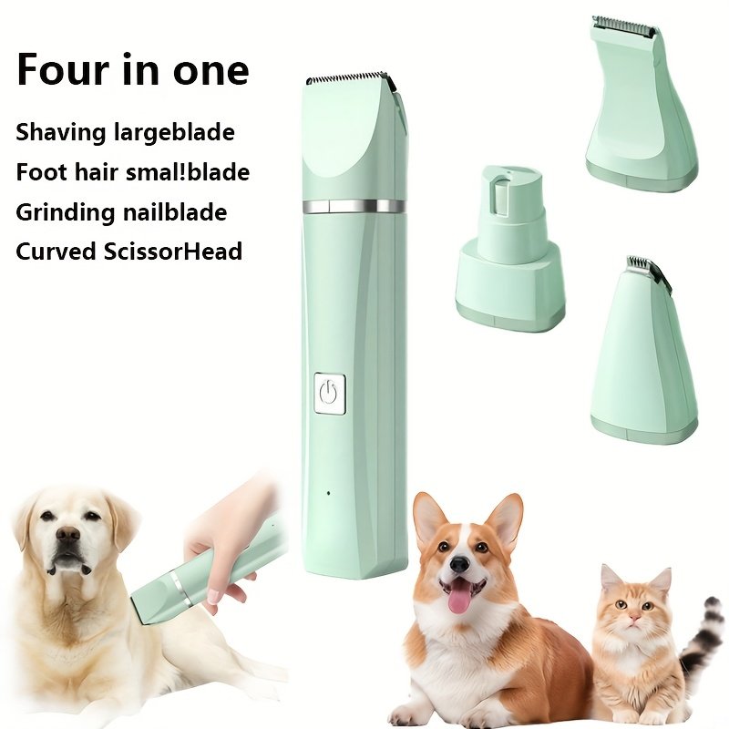 4-in-1 Electric Pet Trimmer with Nail Polish - Low Noise USB Rechargeable, 4-in-1 Trimmer for Dogs, Cats, Small Animals - Includes Shaving Blade, Foot Hair Small Blade