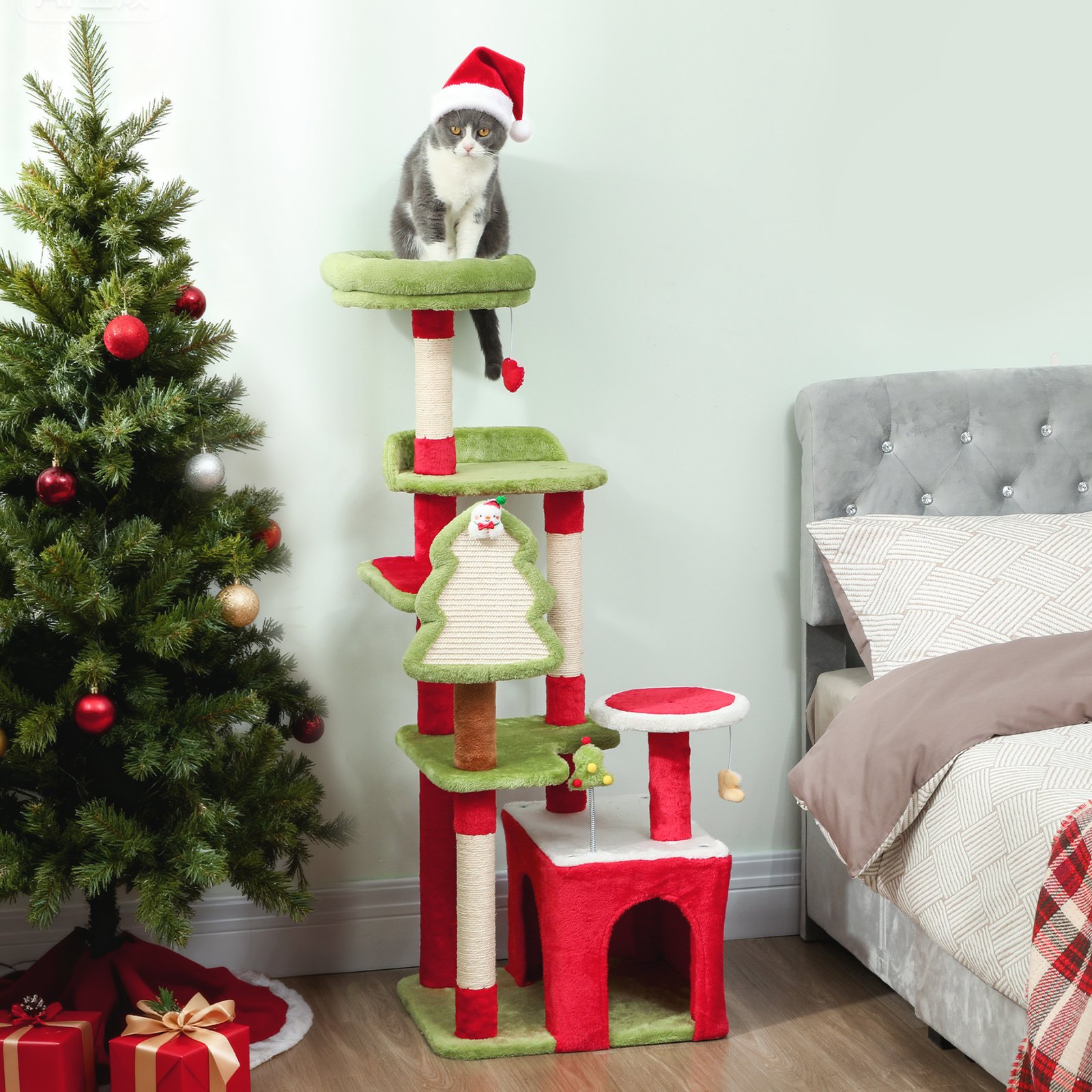 PawHut 120cm Christmas Cat Tree with 3 Scratching Posts - Image 2
