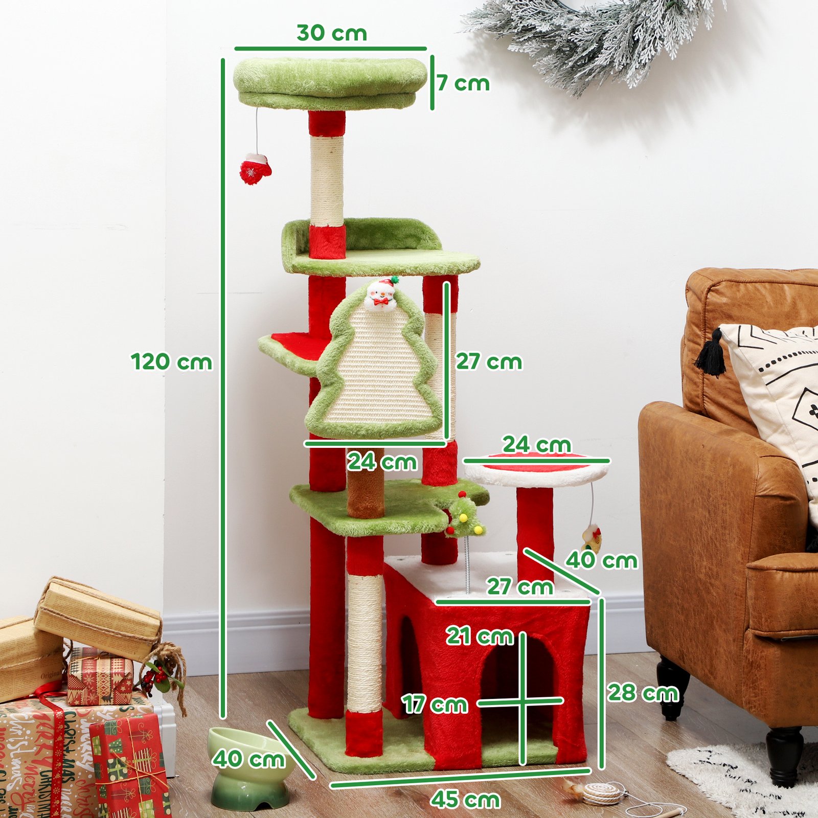 PawHut 120cm Christmas Cat Tree with 3 Scratching Posts - Image 4