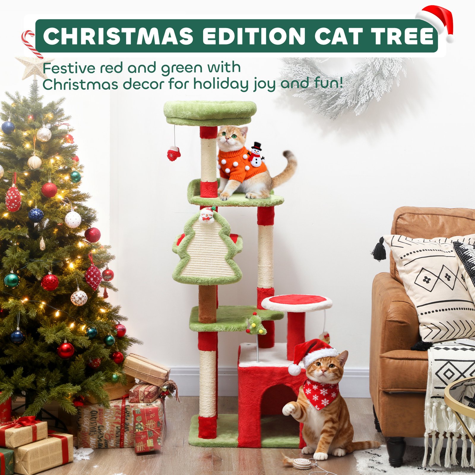 PawHut 120cm Christmas Cat Tree with 3 Scratching Posts - Image 3