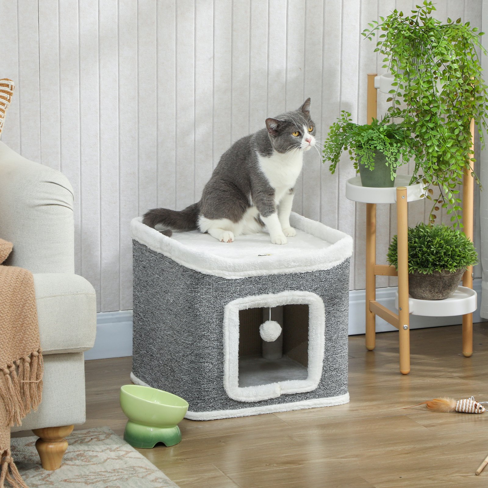 PawHut 2-Level Cat Cave Bed with Fluffy Balls - Image 3