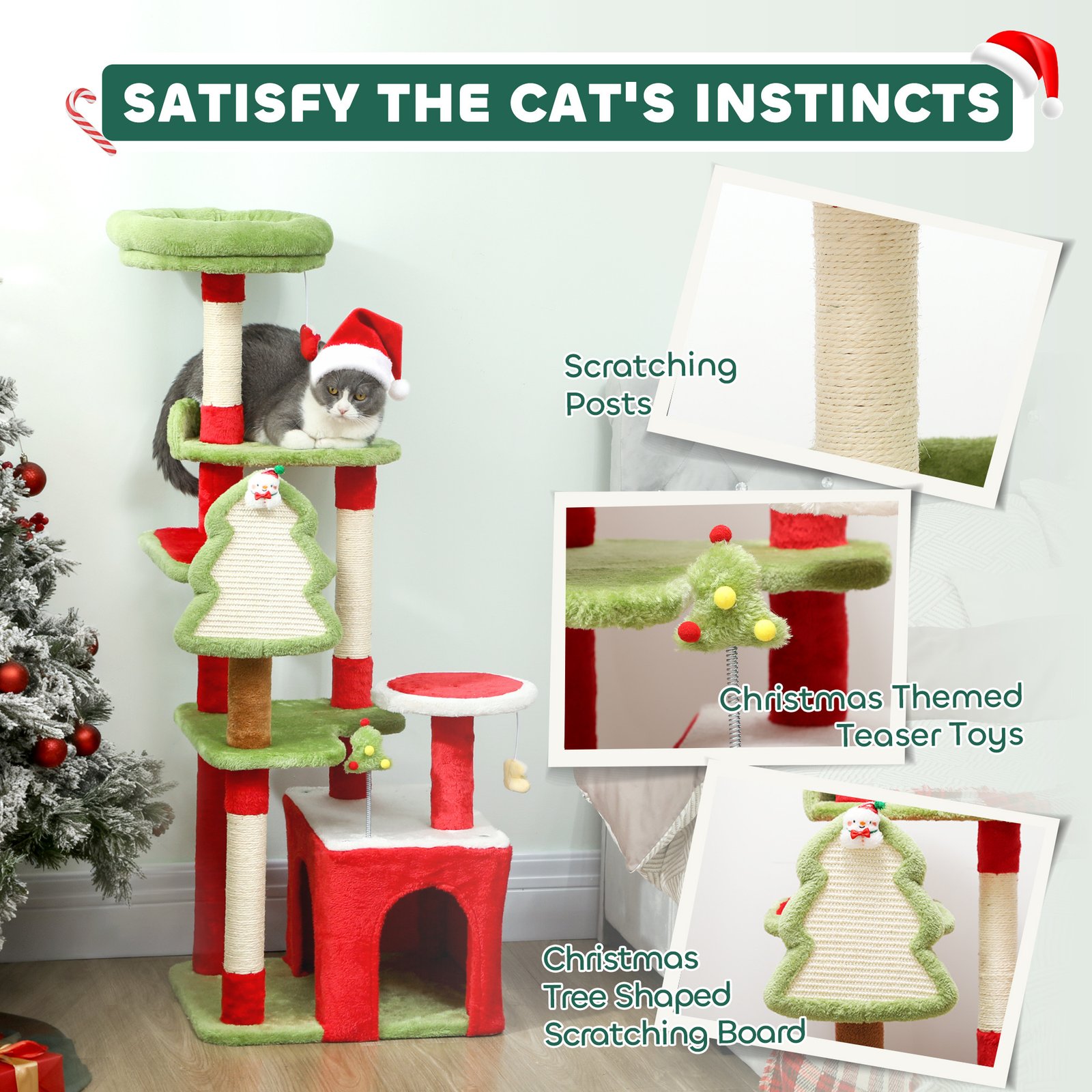 PawHut 120cm Christmas Cat Tree with 3 Scratching Posts - Image 5