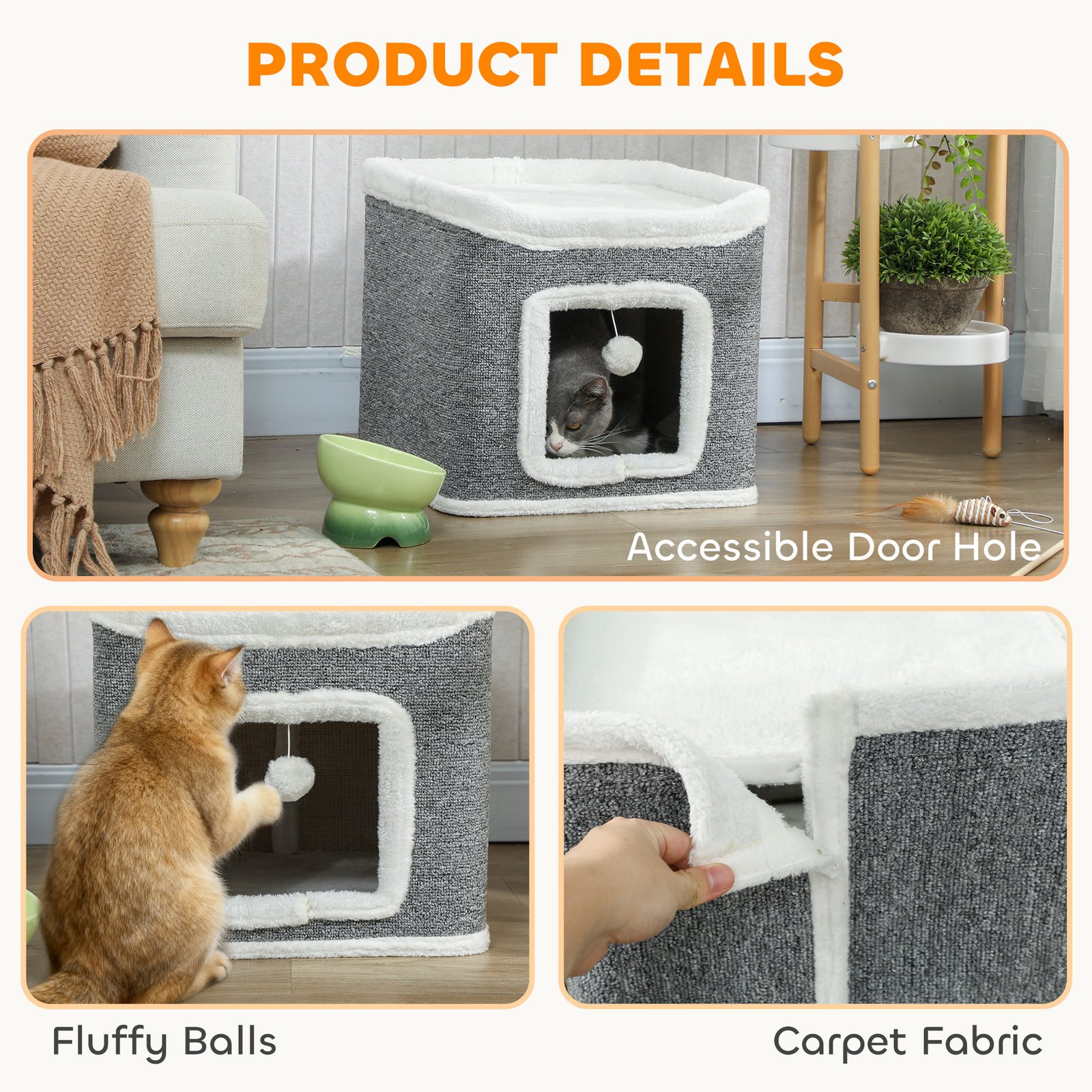 PawHut 2-Level Cat Cave Bed with Fluffy Balls - Image 2