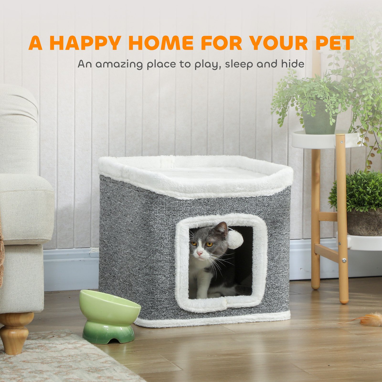 PawHut 2-Level Cat Cave Bed with Fluffy Balls - Image 5