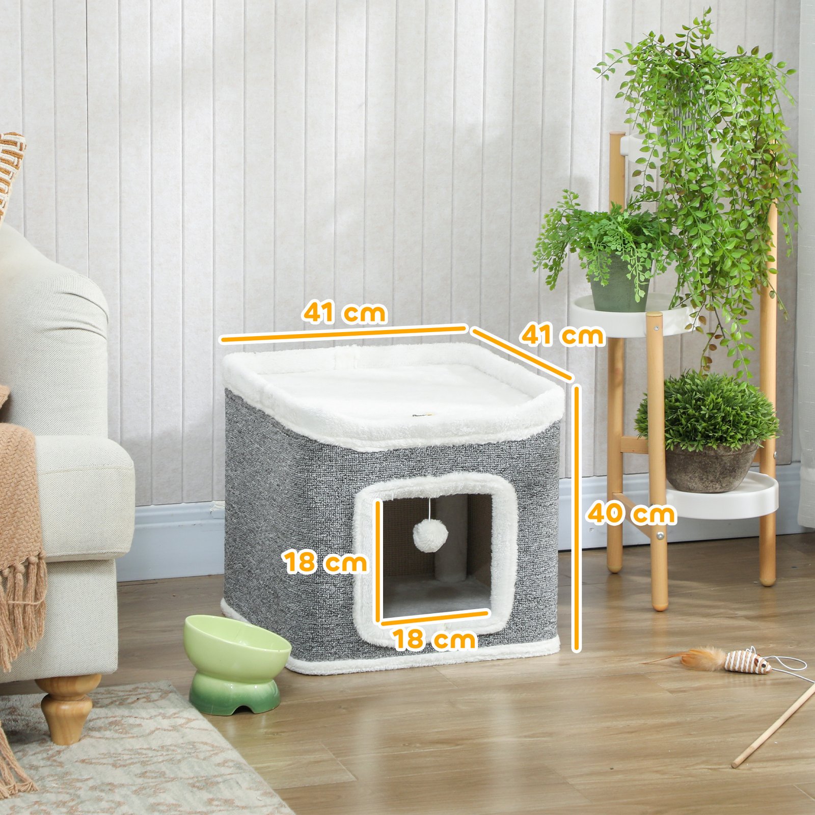 PawHut 2-Level Cat Cave Bed with Fluffy Balls - Image 4